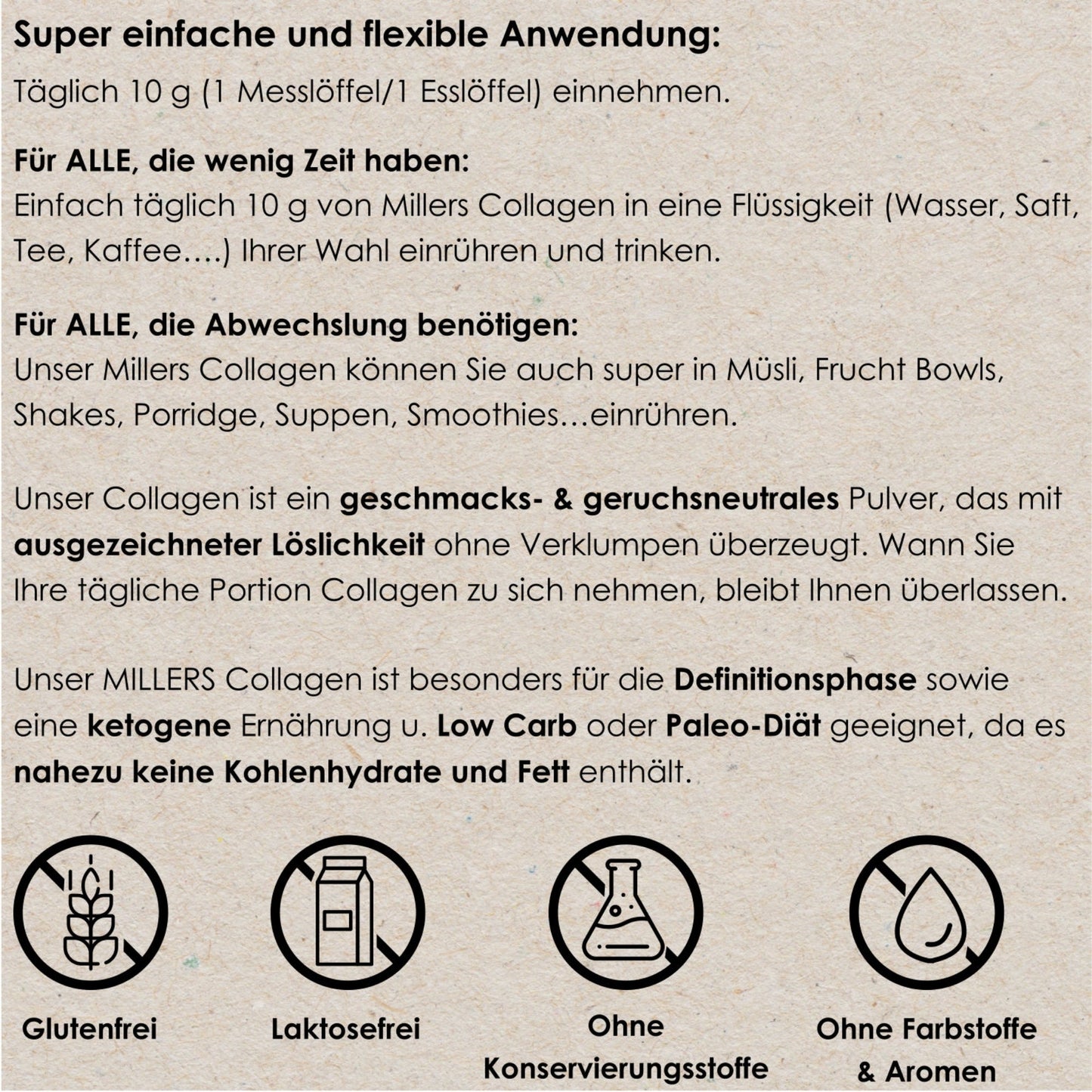 Infografik zur Anwendung von Millers Collagen: tägliche Einnahme von 10 g, flexibel in Wasser, Tee, Müsli, Suppen oder Smoothies. Hervorgehoben wird die ausgezeichnete Löslichkeit, Geschmacksneutralität und Eignung für Low-Carb, ketogene und Paleo-Ernährung. Am unteren Rand vier Icons mit den Angaben: glutenfrei, laktosefrei, ohne Konservierungsstoffe, ohne Farbstoffe & Aromen