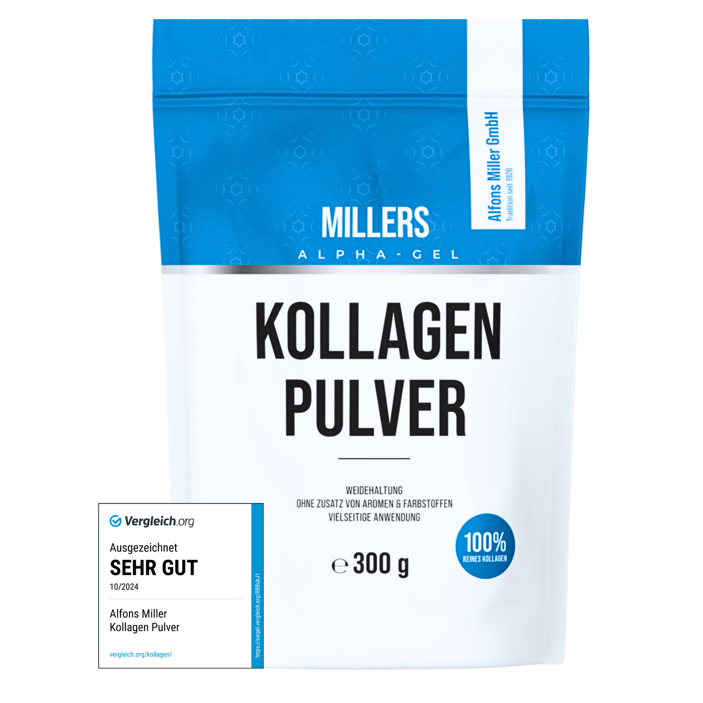 Millers Kollagen Pulver 300 g – Alpha-Gel Hydrolysat aus Weiderind, ohne Zusatzstoffe, aromafrei, ausgezeichnet mit ‚Sehr gut‘ von Vergleich.org