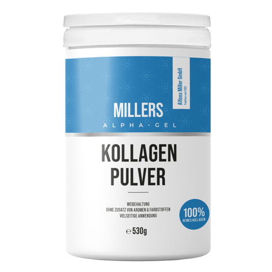 Millers Alpha-Gel Kollagen Pulver in weiß-blauer Dose mit 530 g Inhalt. Aufschrift: ‚100 % reines Kollagen‘, ‚Weidehaltung‘ und ‚ohne Zusatz von Aromen und Farbstoffen‘. Für vielseitige Anwendung geeignet