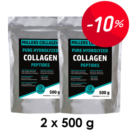 Produktbild von zwei Beuteln Millers Collagen Pure Hydrolyzed Peptides à 500 g mit -10 % Rabatt-Symbol. Jeweils 100 % Kollagenhydrolysat aus Weidehaltung, glutenfrei, laktosefrei, >90 % Protein