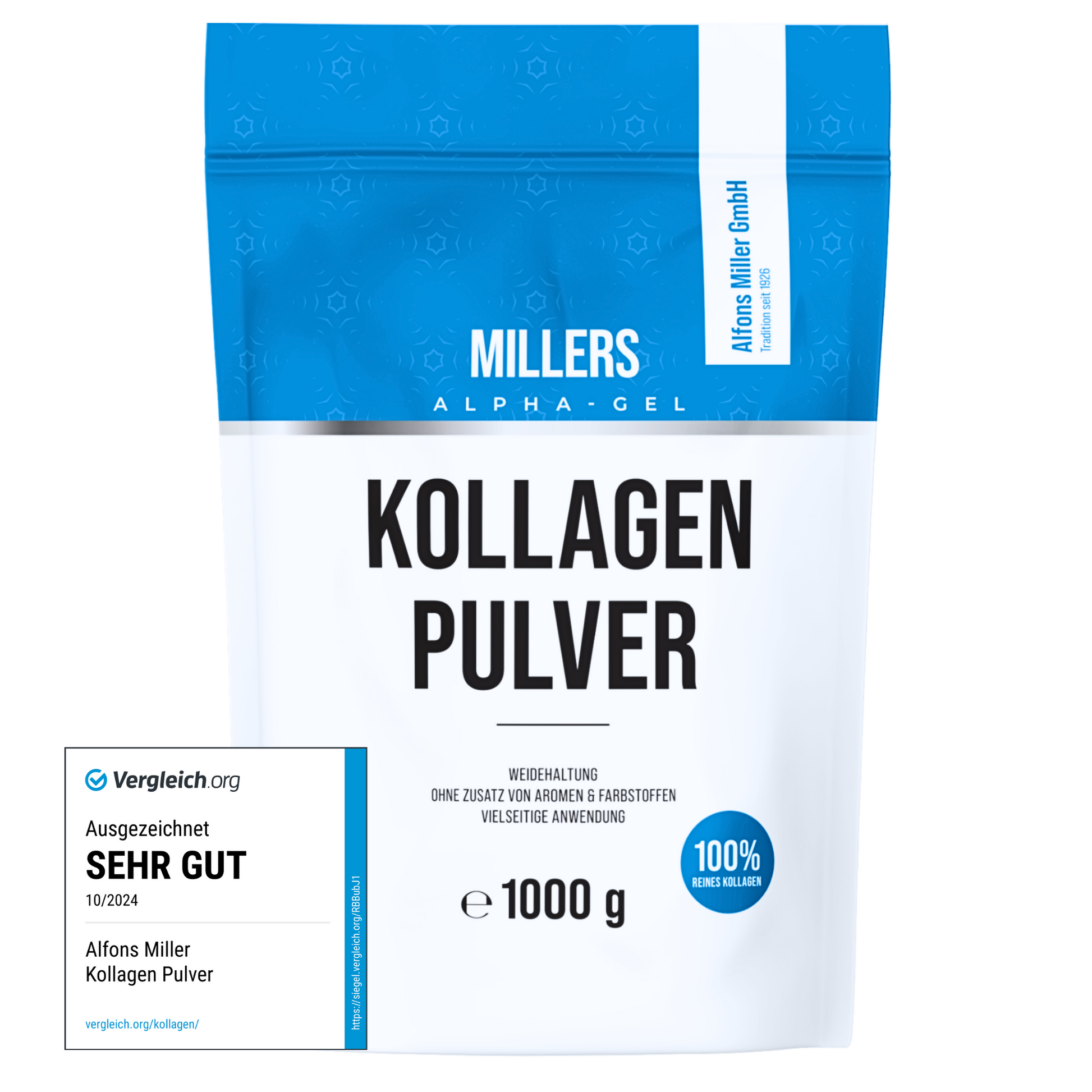 Millers Alpha-Gel Kollagen Pulver im 1000 g Beutel. Blaue Verpackung mit Aufschrift: 100 % reines Kollagen, Weidehaltung, ohne Zusatz von Aromen und Farbstoffen. Siegel von Vergleich.org: ‚Ausgezeichnet – Sehr gut‘ (10/2024) für Alfons Miller Kollagen Pulver