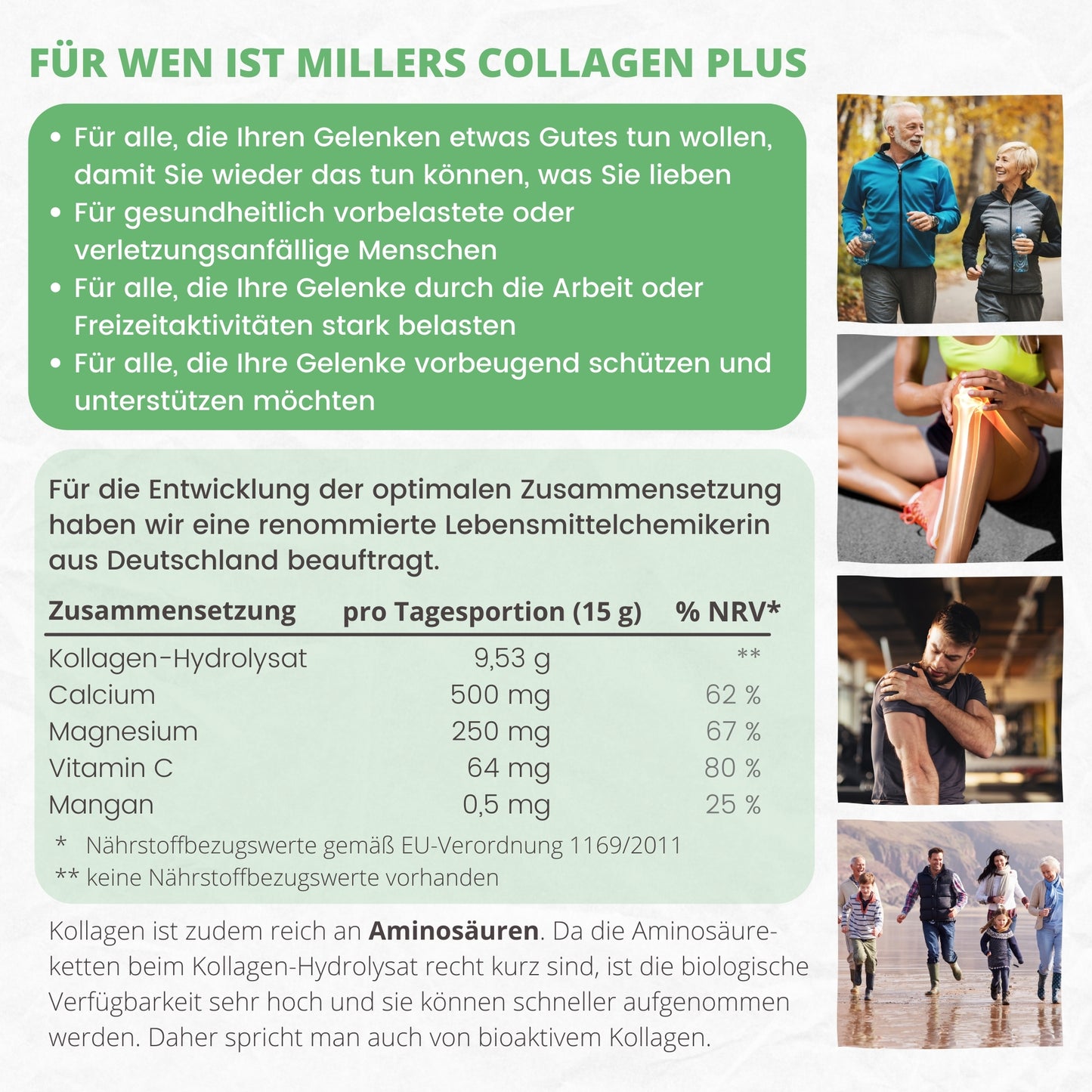 Infografik mit der Überschrift ‚Für wen ist Millers Collagen PLUS‘. Aufgezählt werden Zielgruppen wie Personen mit Gelenkproblemen, gesundheitlich vorbelastete oder sportlich aktive Menschen. Rechts Bilder von Senioren beim Gehen, Frau mit Knieschmerzen, Mann beim Krafttraining und Familie beim Spaziergang. Unten Nährwerttabelle pro Tagesportion mit 9,53 g Kollagen, 500 mg Calcium, 250 mg Magnesium, 64 mg Vitamin C und 0,5 mg Mangan. Hinweis auf hohe Aminosäureverfügbarkeit durch kurze Peptidketten