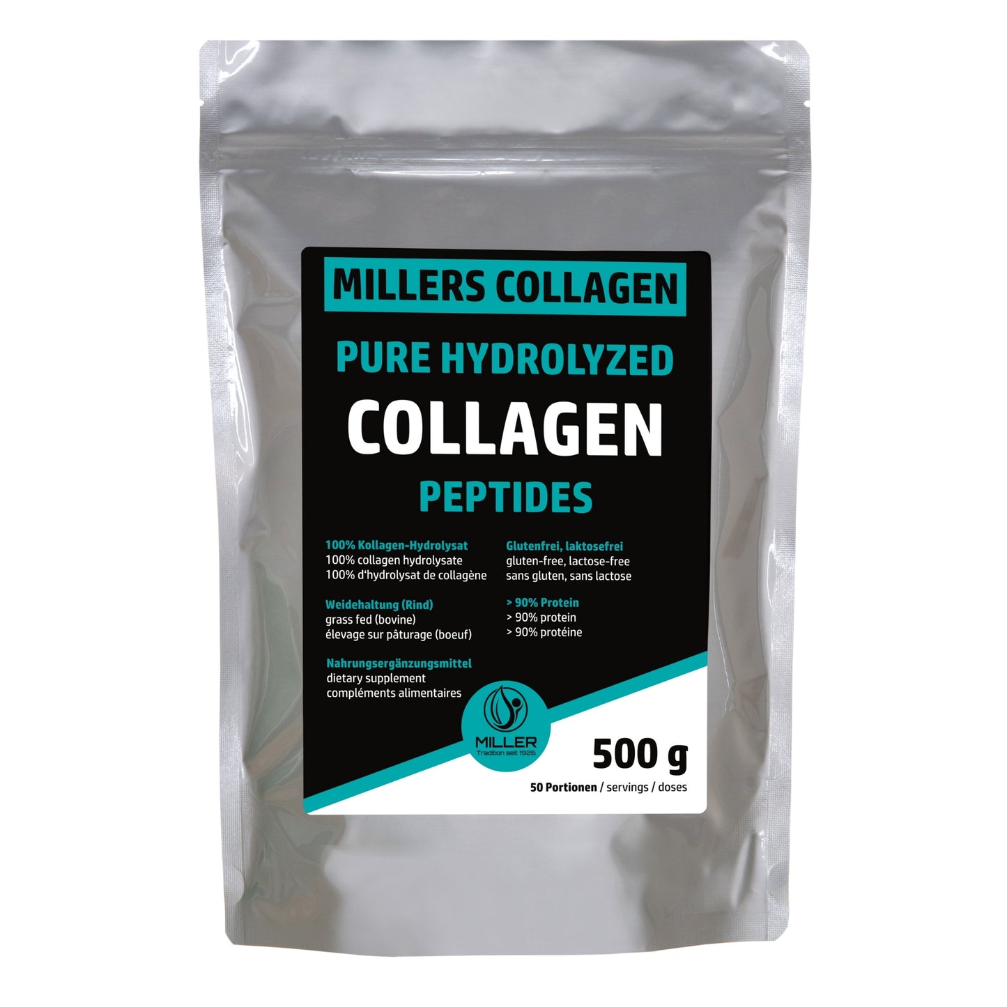 Millers Collagen Pure Hydrolyzed Peptides – 500 g Beutel mit über 90 % Protein. Produkt aus Weidehaltung, glutenfrei, laktosefrei und geschmacksneutral