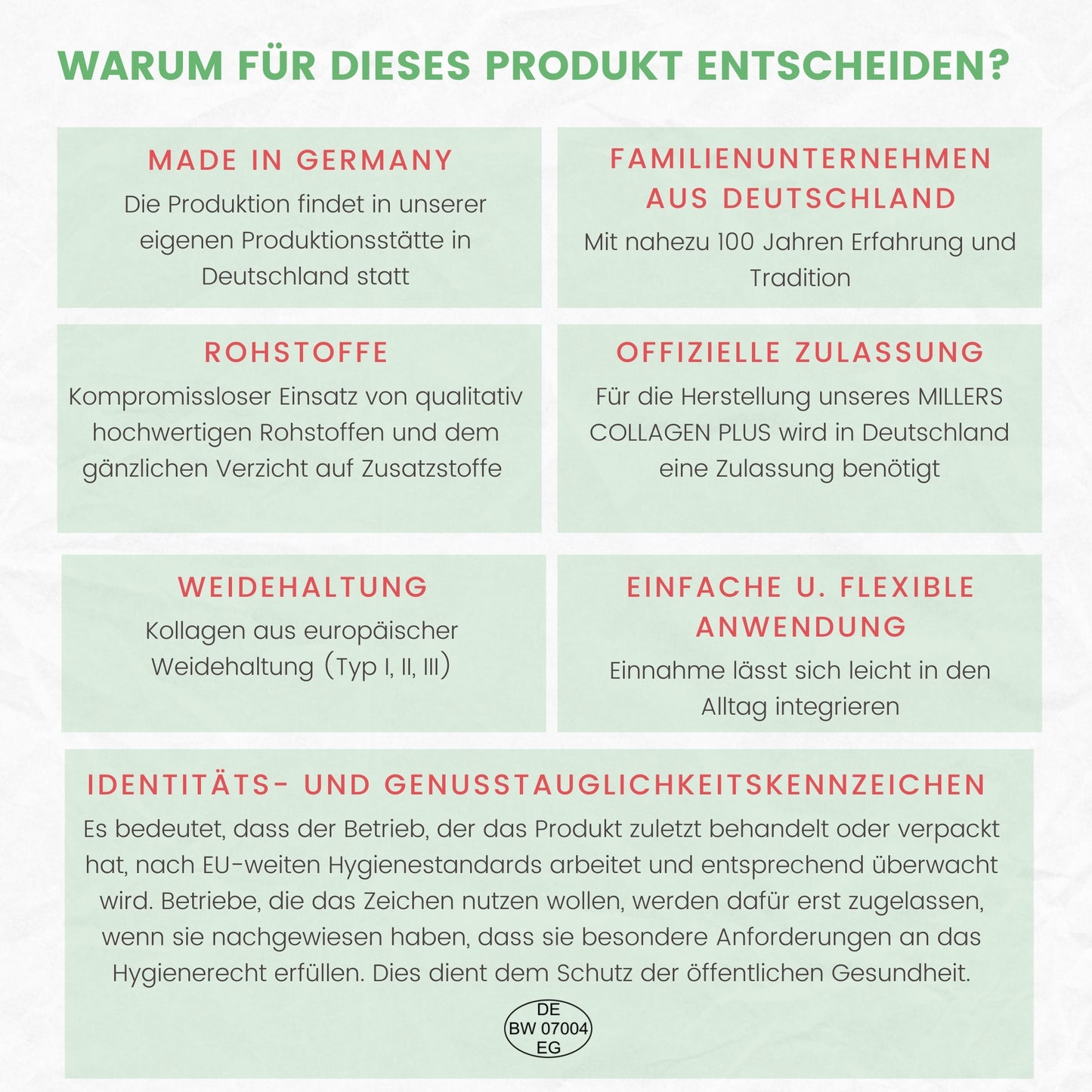 Infografik mit acht Argumenten für Millers Collagen PLUS: Made in Germany, Familienunternehmen mit 100 Jahren Erfahrung, Einsatz hochwertiger Rohstoffe ohne Zusatzstoffe, offizielle Zulassung, Kollagen aus europäischer Weidehaltung, einfache Anwendung, Identitäts- und Genusstauglichkeitskennzeichen gemäß EU-Hygienestandards. Unten das ovale EG-Kennzeichen DE BW 07004 EG