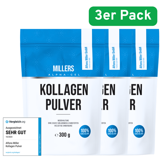 Produktabbildung von Millers Alpha-Gel Kollagen Pulver im 3er Pack à 300 g. Weiße Beutel mit blauem Aufdruck, ausgezeichnet mit ‚Sehr gut‘ von Vergleich.org (10/2024). Hinweis auf 100 % reines Kollagen, Weidehaltung, ohne Zusatz von Aromen oder Farbstoffen