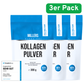 Produktabbildung von Millers Alpha-Gel Kollagen Pulver im 3er Pack à 300 g. Weiße Beutel mit blauem Aufdruck, ausgezeichnet mit ‚Sehr gut‘ von Vergleich.org (10/2024). Hinweis auf 100 % reines Kollagen, Weidehaltung, ohne Zusatz von Aromen oder Farbstoffen